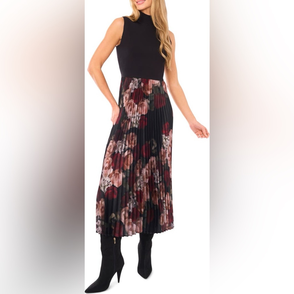 Halogen Floral Mixed Media Sleeveless Midi Dress
